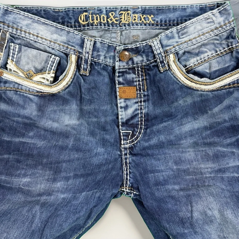 Cipo & Baxx Men's Regular Fit Jeans W32 L34 Blue Distressed Embroidered Turkey